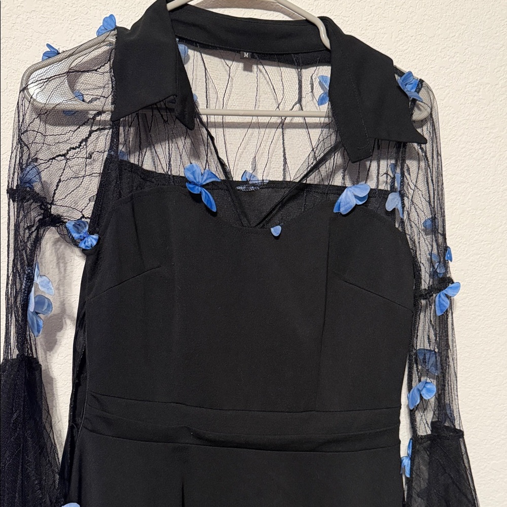 ROMWE Black Dress long sleeves with blue butterflies - Picture 3 of 8